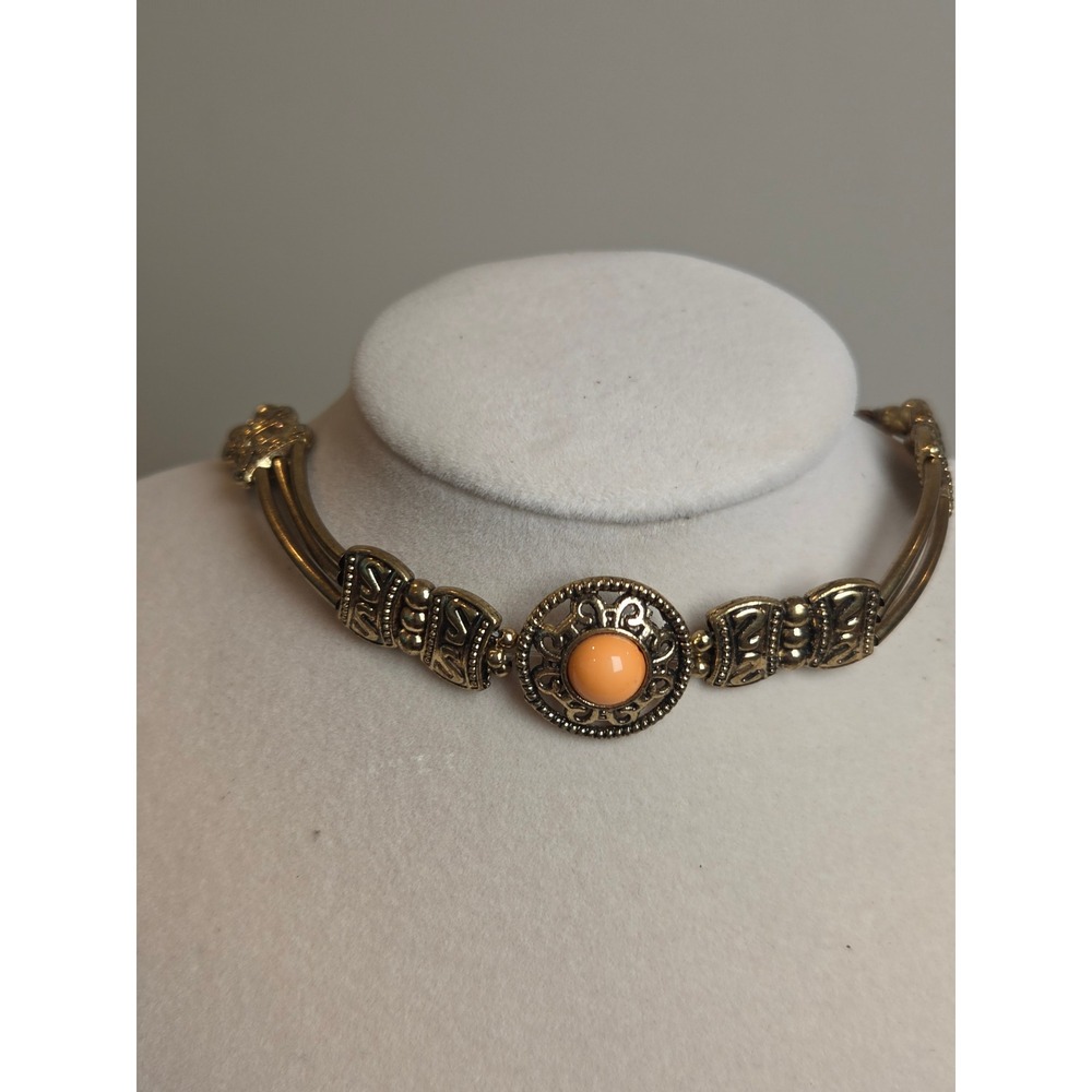 Antique Gold Tone Orange Cabochon Medallion Choker Necklace Boho Southwestern